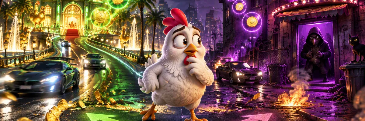 Illustratie: de kip staat op een splitsing tussen een betrouwbaar verlicht casino en een louche casino in een donker steegje