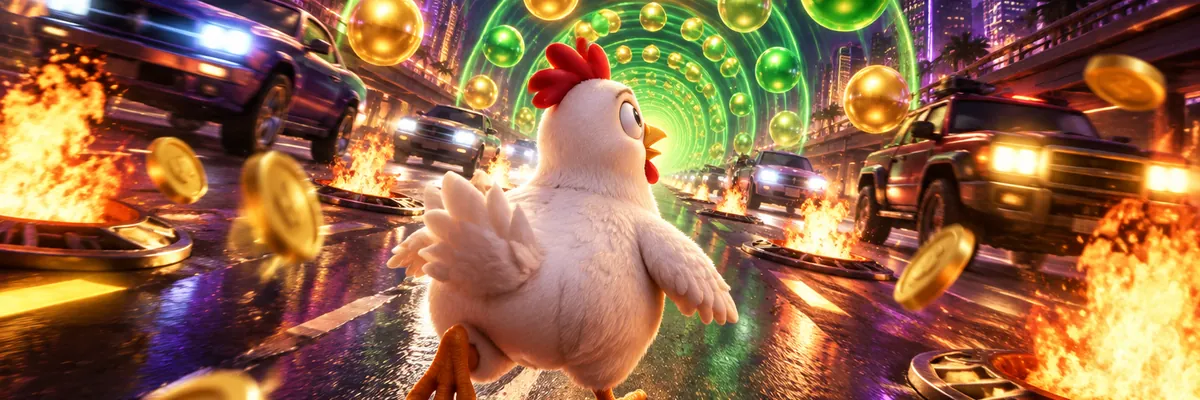 Illustratie: Chicken Road gokspel, de kip rent over een brandende weg naar een draaiende tunnel van groene en gouden bollen