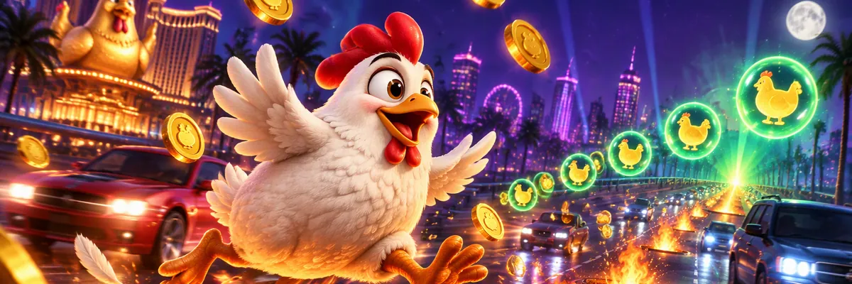 Illustratie: een kip springt over een nachtelijke weg vol vuur en gouden munten, met groene vermenigvuldigerbollen aan de horizon