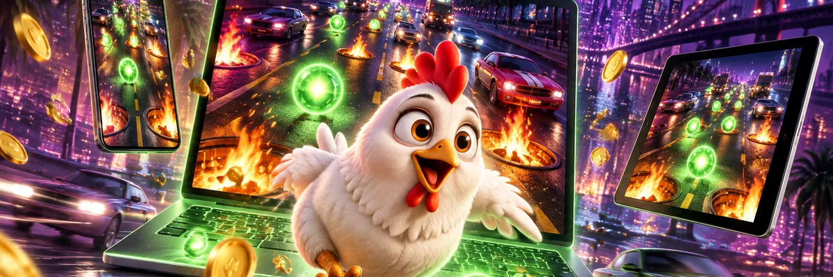 Illustratie: Chicken Road online, de kip springt uit een laptopscherm de nachtelijke weg op, met een telefoon en tablet ernaast