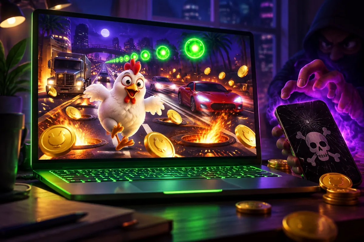 Illustratie: een laptop met het kippenspel in de browser naast een louche telefoon met een piratensticker