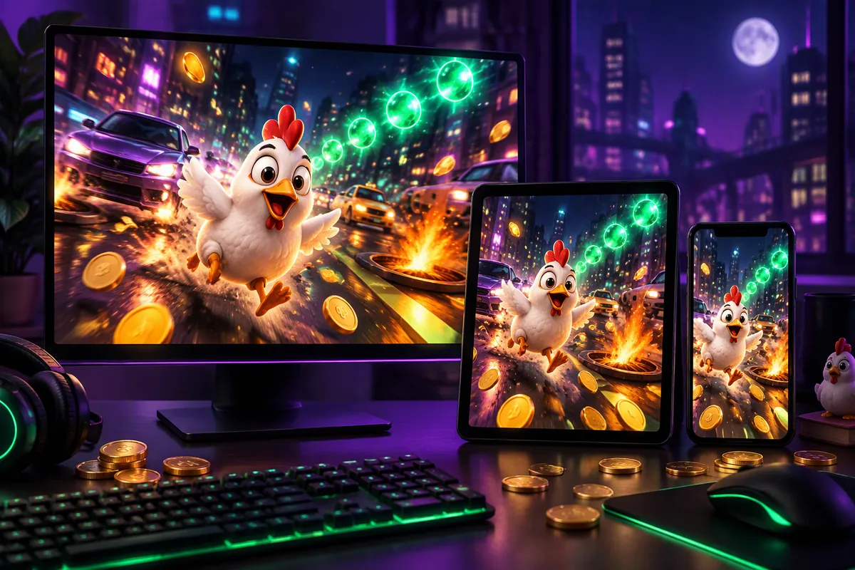 Illustratie: Chicken Road online op een monitor, een tablet en een telefoon, overal hetzelfde kippenspel in de browser