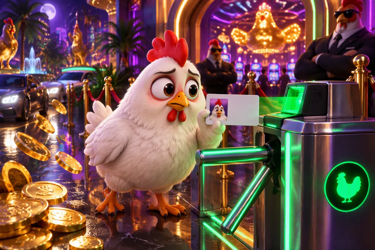 Illustratie: de kip houdt een blanco ID-kaart voor een groene scanner bij het toegangspoortje van een casino