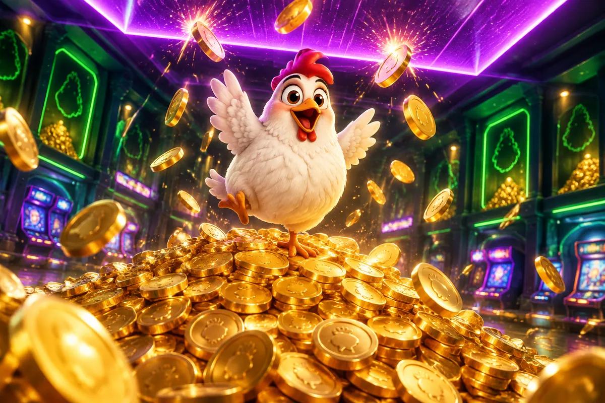 Illustratie: de kip juicht op een berg gouden munten onder een paars plafond van licht